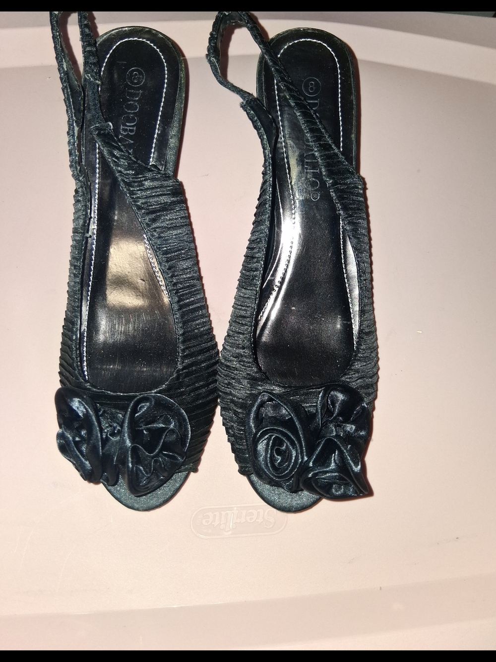 Dobbello Black Slingback Peep-Toe Heels with Rosette Accent